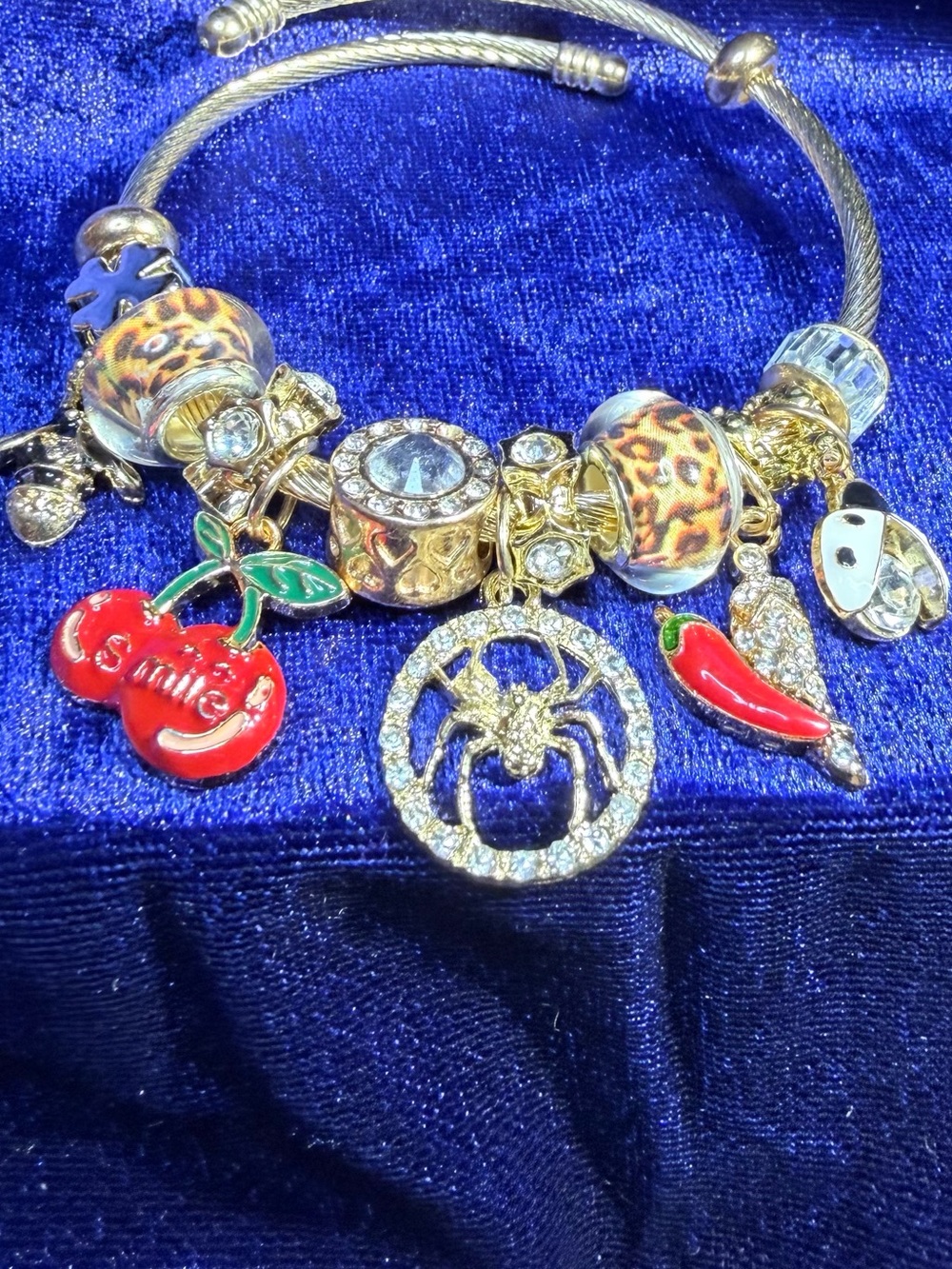 New Adorable Charm Bangle Bracelet with Cherries, Spider, Ladybug Leopard Beads